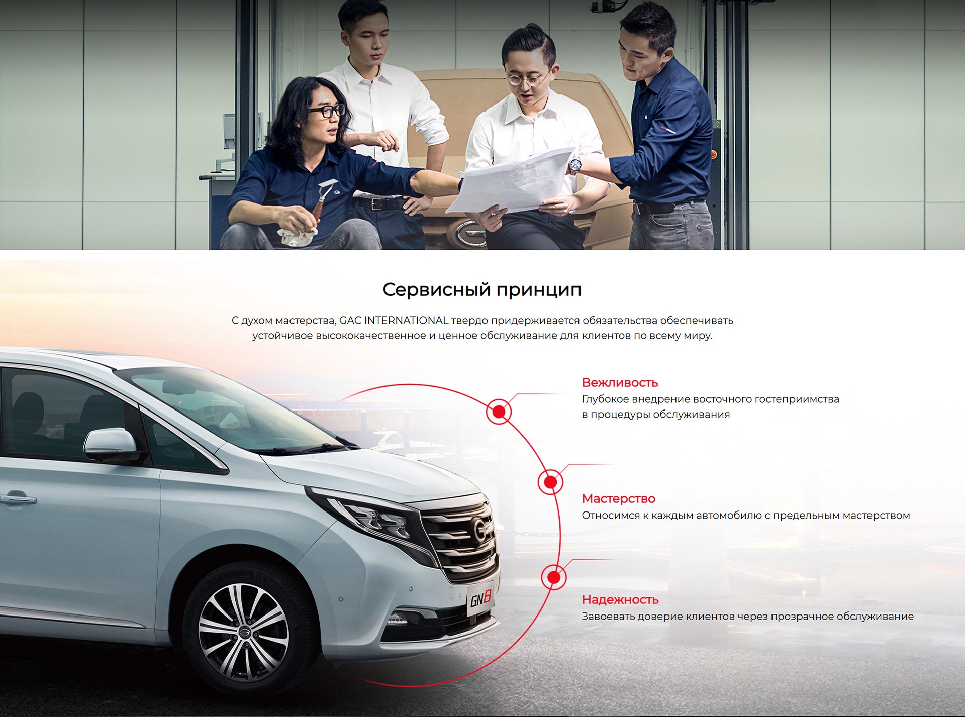 Сервисный принцип  С духом мастерства, GAC INTERNATIONAL твердо придерживается обязательства обеспечивать устойчивое высококачественное и ценное обслуживание для клиентов по всему миру. Вежливость:  Глубокое внедрение восточного гостеприимства  в процедуры обслуживания  Мастерство:  Относимся к каждым автомобилю с предельным мастерством  Надежность:  Завоевать доверие клиентов через прозрачное обслуживание