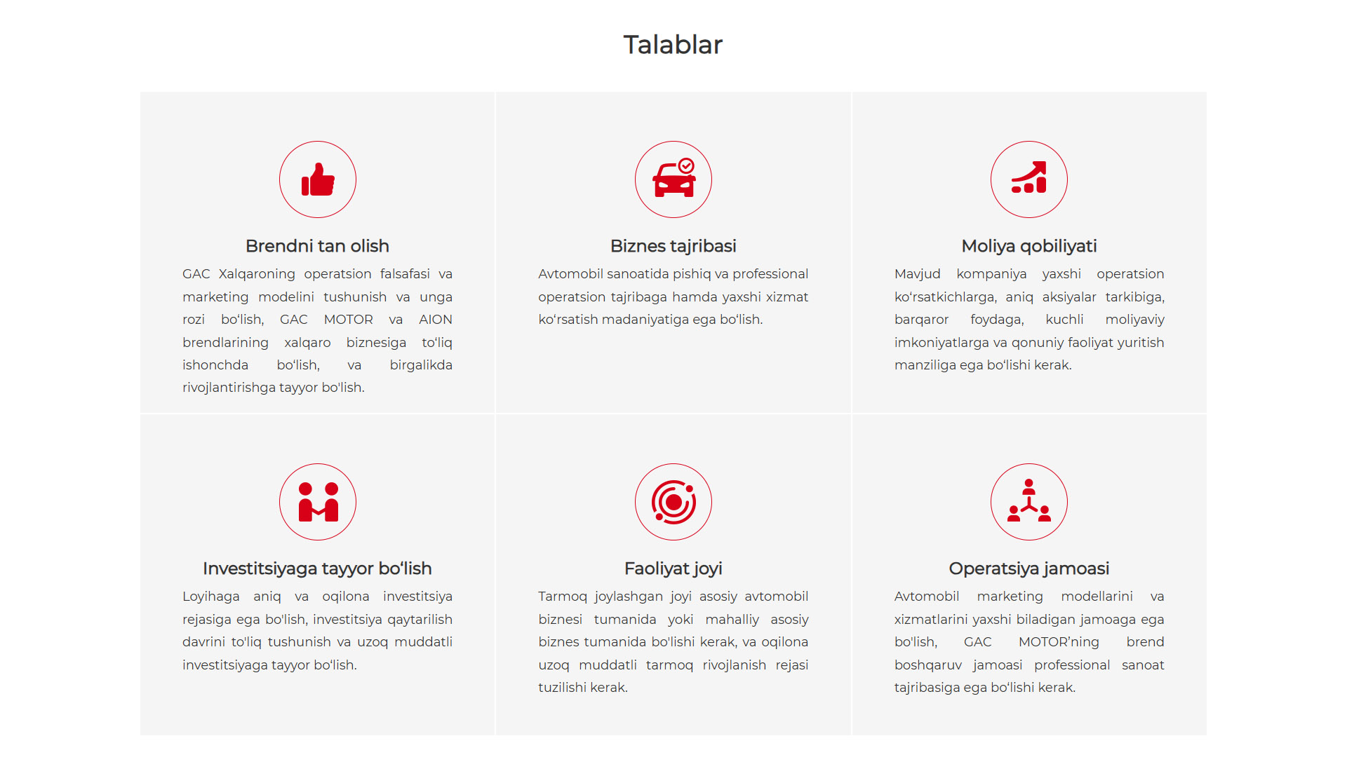 Talablar Brendni tan olish:  GAC Xalqaroning operatsion falsafasi va marketing modelini tushunish va unga rozi bo‘lish, GAC MOTOR va AION brendlarining xalqaro biznesiga to‘liq ishonchda bo‘lish, va birgalikda rivojlantirishga tayyor bo'lish. Biznes tajribasi:  Avtomobil sanoatida pishiq va professional operatsion tajribaga hamda yaxshi xizmat ko‘rsatish madaniyatiga ega bo‘lish. Moliya qobiliyati: Mavjud kompaniya yaxshi operatsion ko‘rsatkichlarga, aniq aksiyalar tarkibiga, barqaror foydaga, kuchli moliyaviy imkoniyatlarga va qonuniy faoliyat yuritish manziliga ega bo‘lishi kerak. Investitsiyaga tayyor bo‘lish: Loyihaga aniq va oqilona investitsiya rejasiga ega bo'lish, investitsiya qaytarilish davrini to'liq tushunish va uzoq muddatli investitsiyaga tayyor bo‘lish. Faoliyat joyi: Tarmoq joylashgan joyi asosiy avtomobil biznesi tumanida yoki mahalliy asosiy biznes tumanida bo'lishi kerak, va oqilona uzoq muddatli tarmoq rivojlanish rejasi tuzilishi kerak. Operatsiya jamoasi: Avtomobil marketing modellarini va xizmatlarini yaxshi biladigan jamoaga ega bo'lish, GAC MOTOR’ning brend boshqaruv jamoasi professional sanoat tajribasiga ega bo‘lishi kerak.